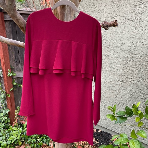 Burgundy wine swing dress with ruffles - Picture 1 of 5
